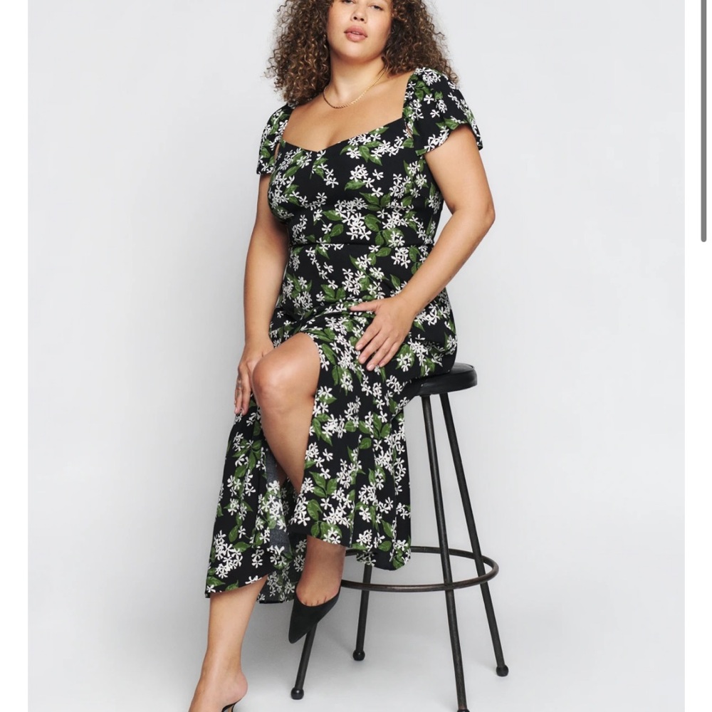 Reformation Black Floral Midi Dress with Green and White Print